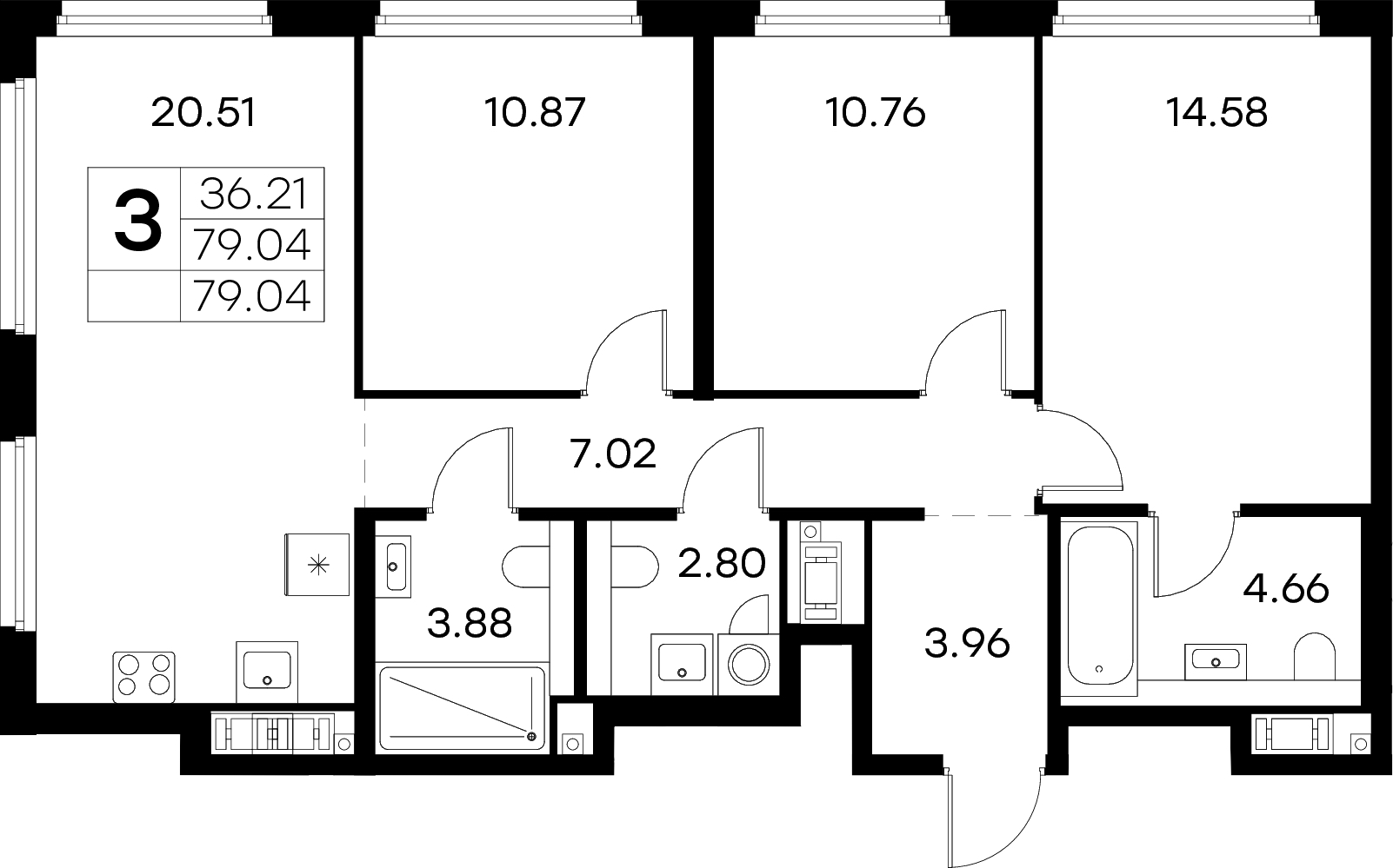 3-комнатная квартира 79.04 м², 14/18 эт., ЖК «Glorax City Василеостровский»
